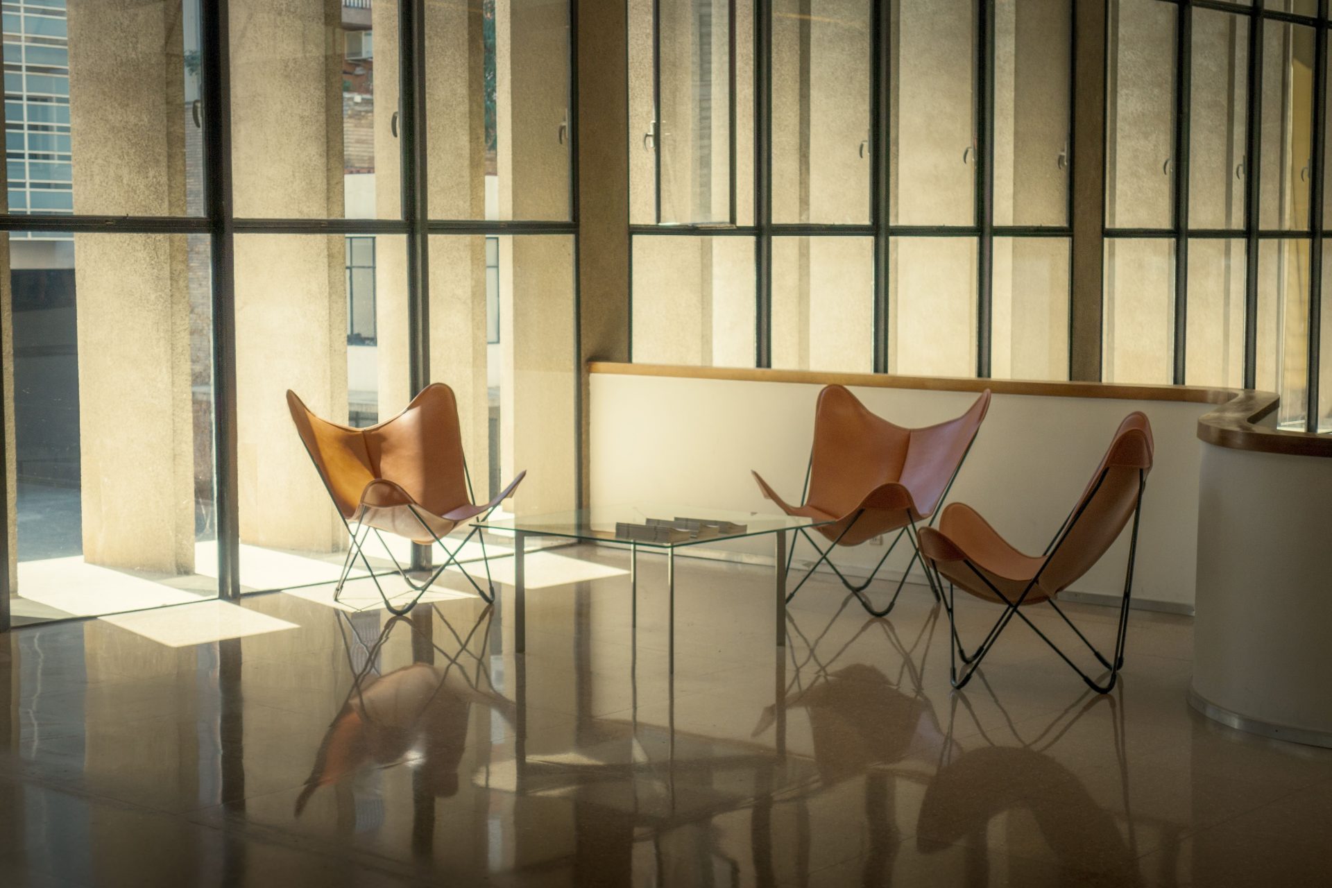 Lichtdurchflutetes, minimalistisches Interieur mit eleganten Lederstühlen und einem Glastisch nahe großen Fenstern.