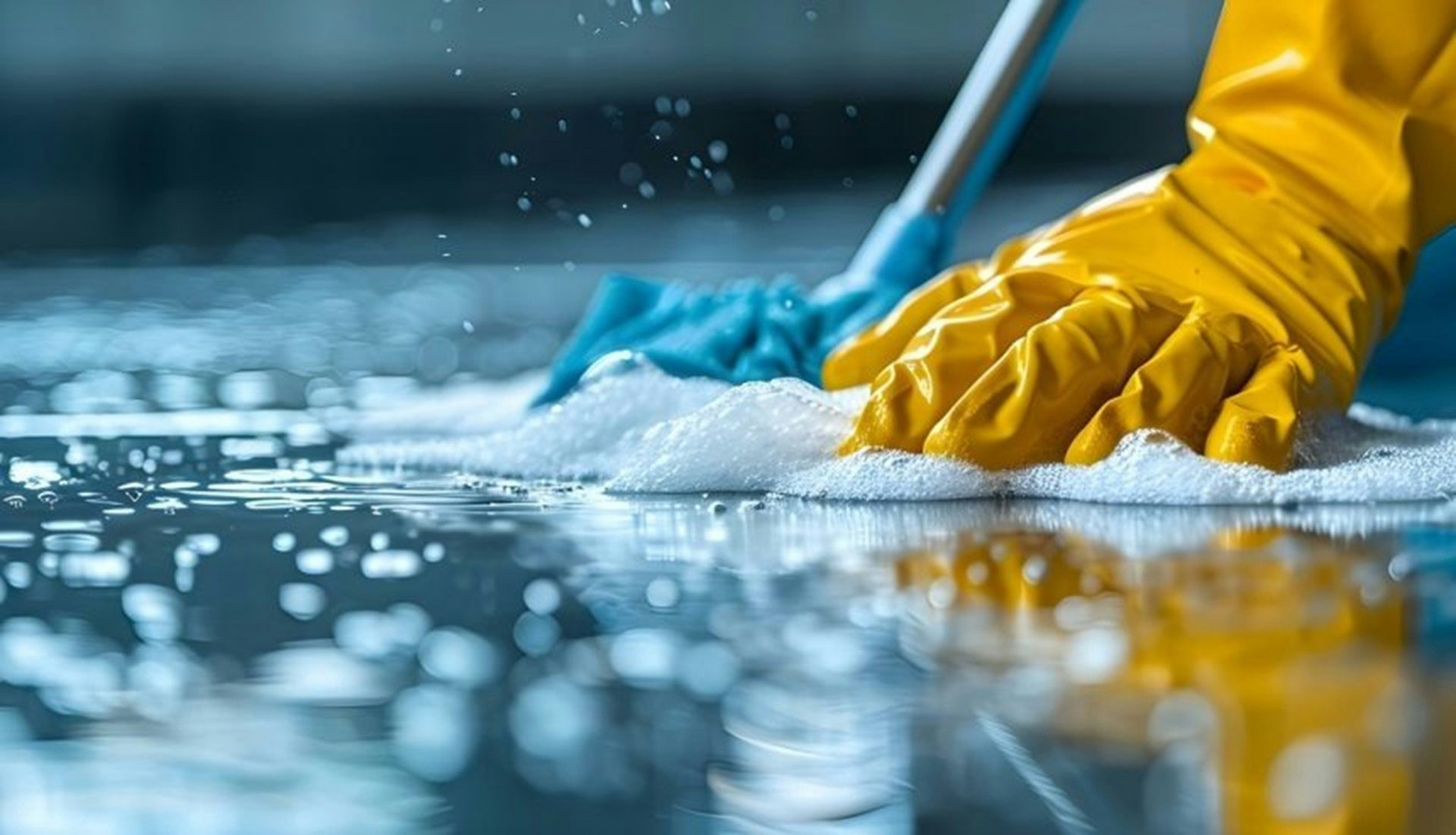 Eine Person mit gelben und blauen Handschuhen reinigt einen Boden
